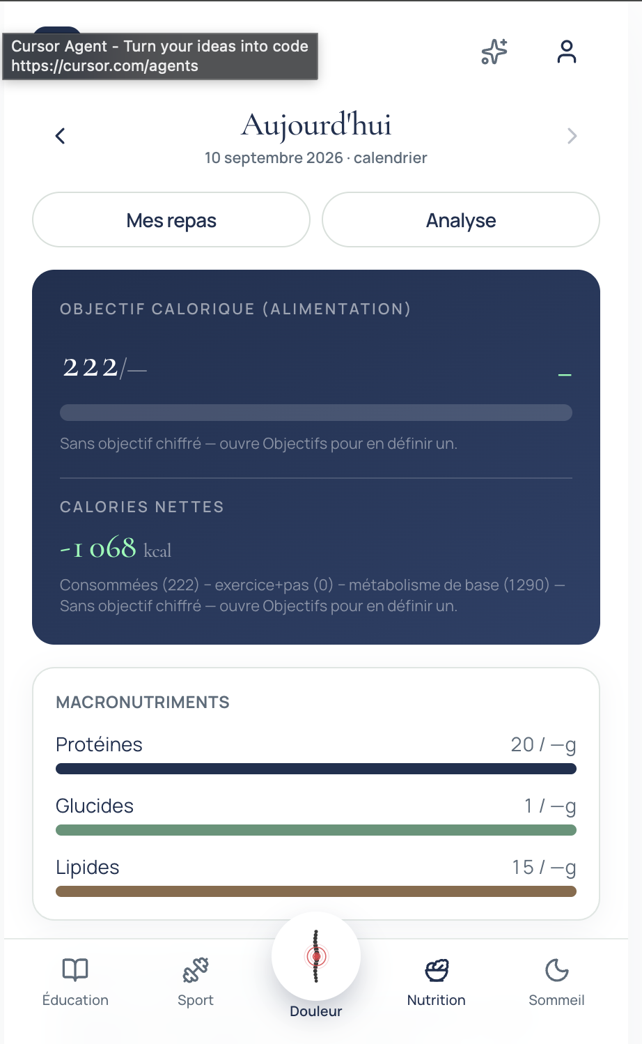 Pilier Nutrition : journal du jour, calories et macros