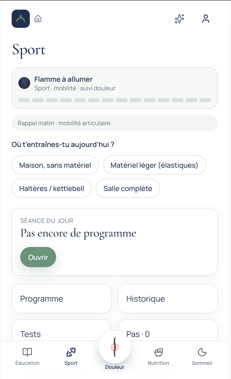 Pilier Sport : configuration de séance selon le matériel
