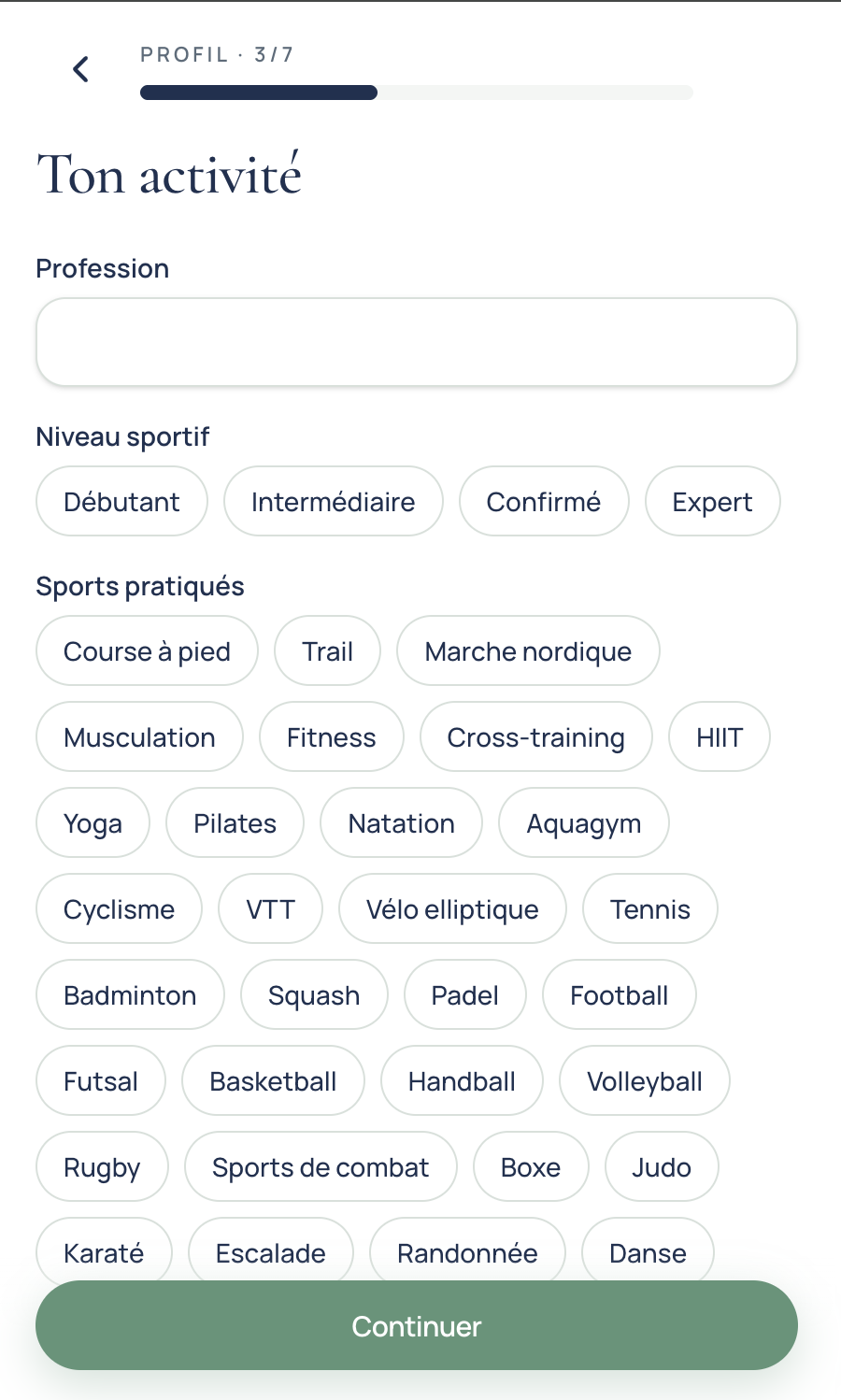 Troisième étape de création du profil : activité