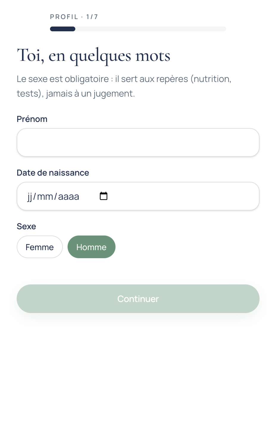 Première étape de création du profil : identité