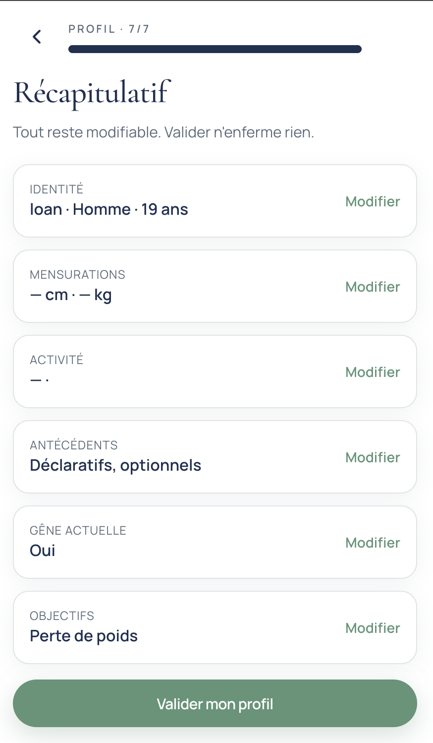 Récapitulatif avant validation du profil