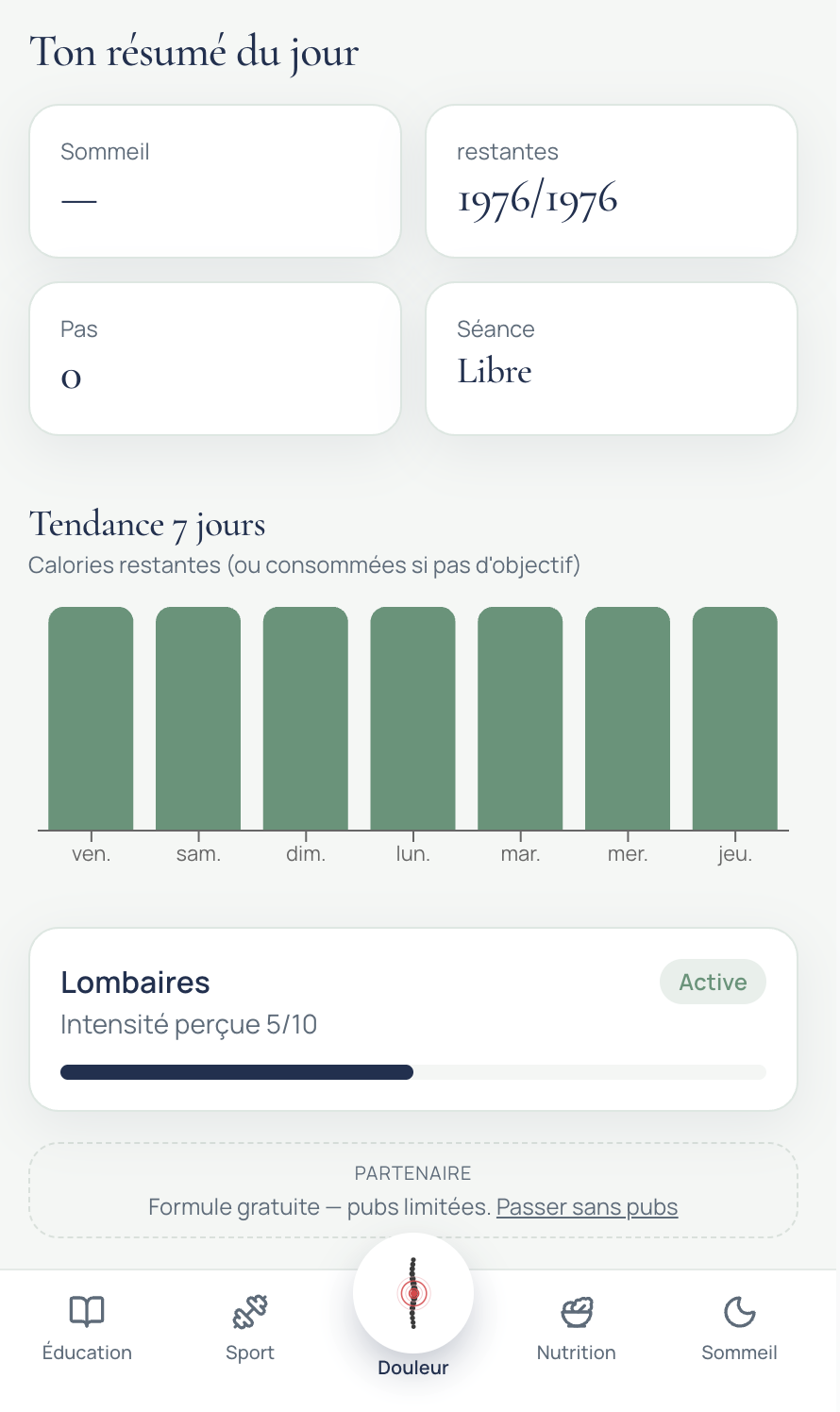 Tendance sur sept jours et suivi de l'évolution d'une gêne lombaire